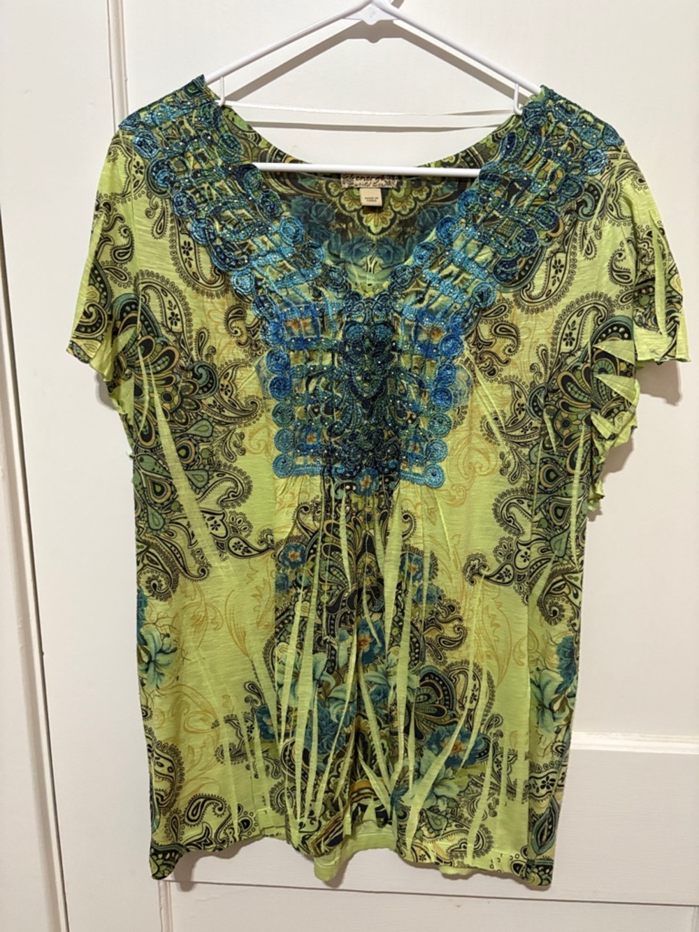 Energie Lime Green Paisley Short Sleeve Top with Blue Embroidered V-Neck